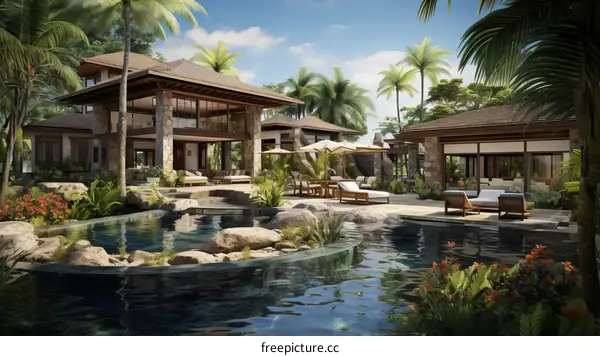 Modern tropical villa with pool and outdoor living area