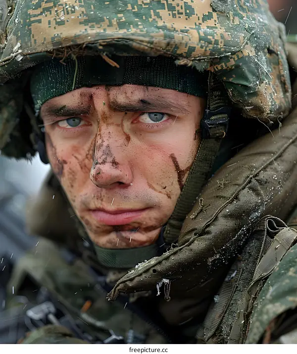 Portrait of a young soldier with blue eyes and a camouflage helmet