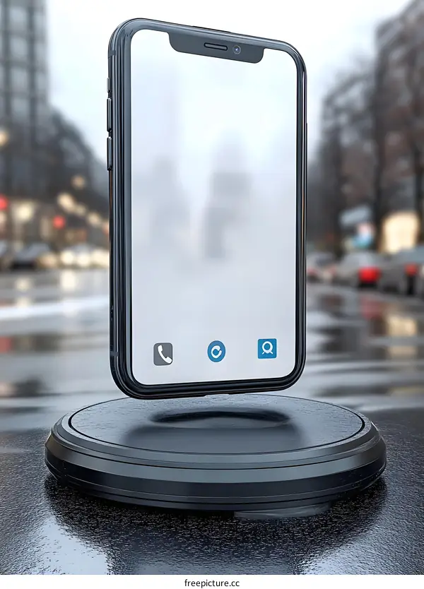 Modern Smartphone on Black Stand, Mockup with Empty Screen and Cityscape Background