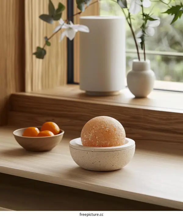 A Ceramic Ball on a Wooden Table with a Matching Bowl
