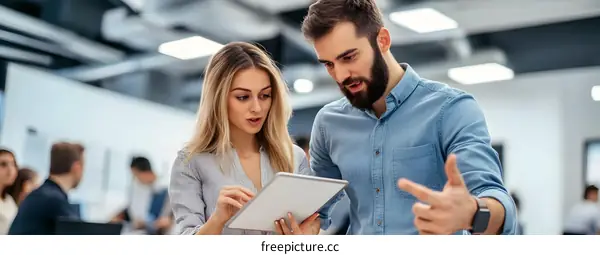 Two Colleagues Discuss Project on Tablet in Modern Office