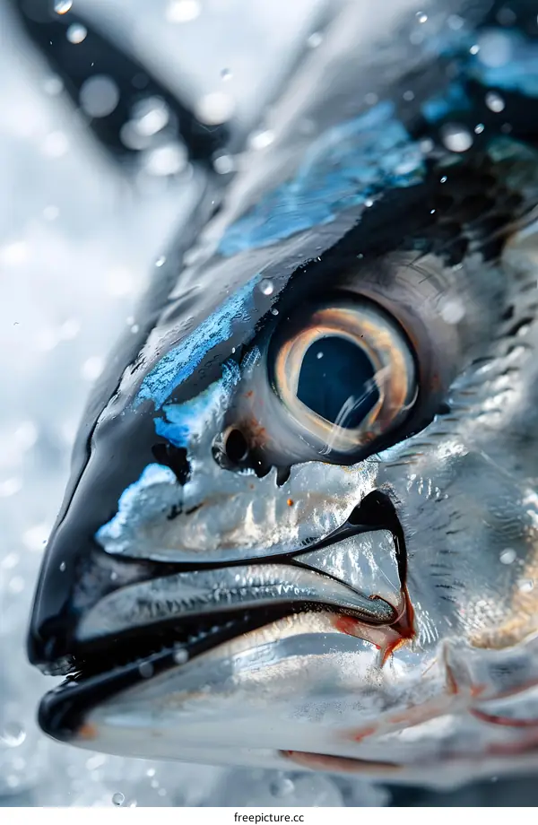 Close-up of a fish head with water droplets