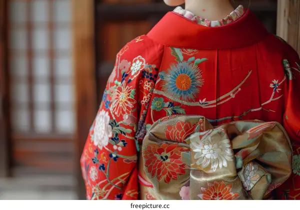 A woman wearing a red kimono with floral embroidery