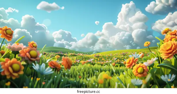 Cartoon Meadow Bursting with Whimsical Summer Joy