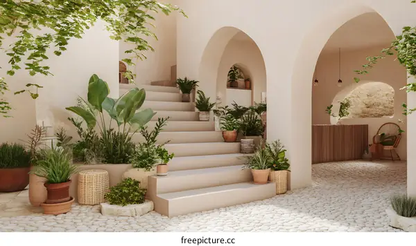Minimalist Architecture with Arched Entrance and Lush Greenery
