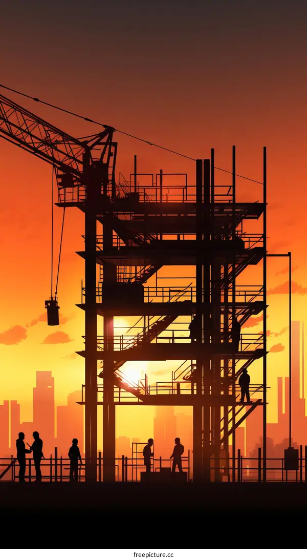 Construction Workers and Cranes on a City Building Site at Sunset