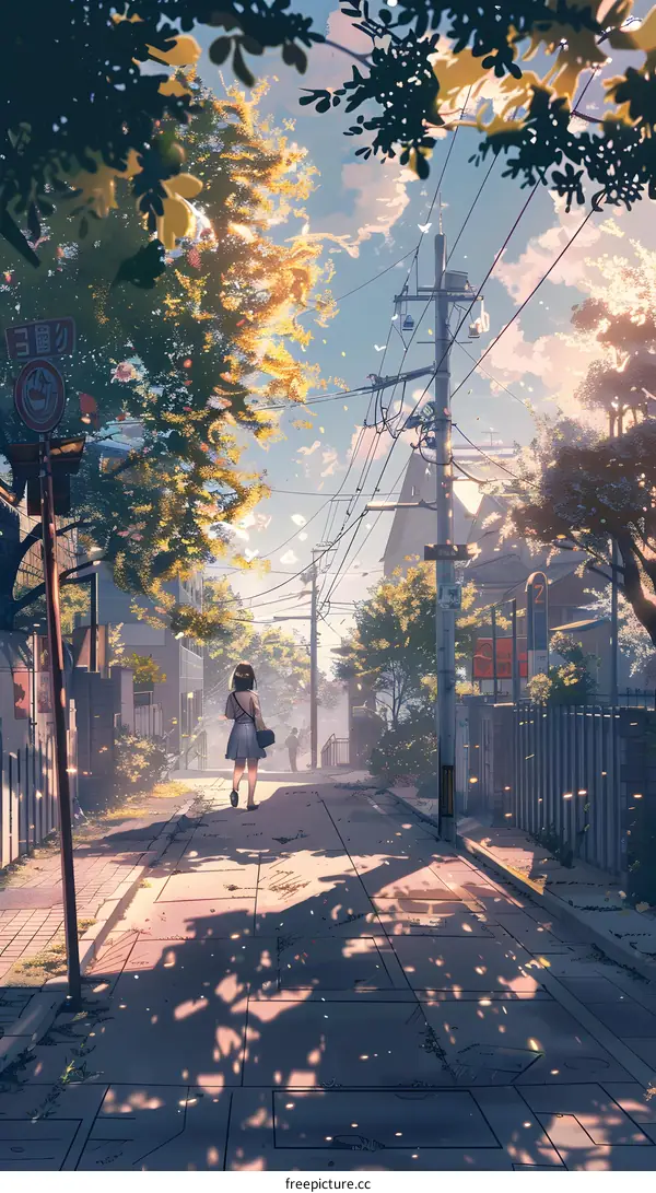 Anime Illustration of a Girl Walking Alone in a Japanese Street