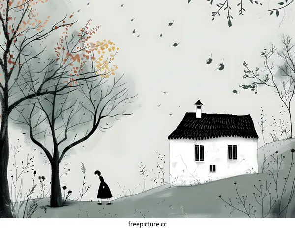 A Woman Walking Past a Small White House in the Woods