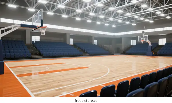 Modern Indoor Basketball Court with Empty Seats and Bright Lighting