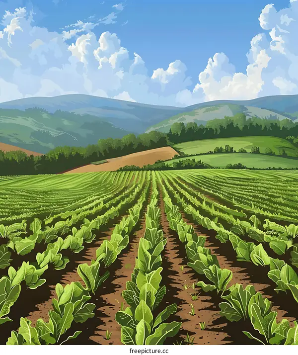 Green Farmland with Rows of Crops and Rolling Hills in the Distance