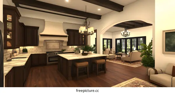 Modern Kitchen Design With Wooden Beams and Island