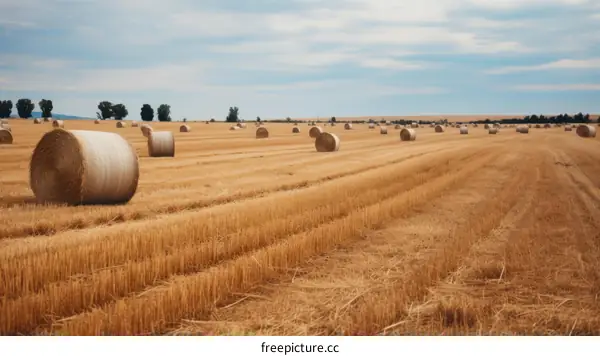 Golden Hay Bales in the Field Under Blue Sky