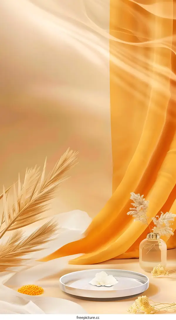 Minimalist Product Display with White Flower on a White Round Plate and Draped Fabric