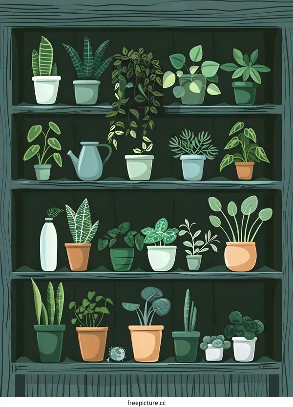 Green Plants on Wooden Shelves Illustration