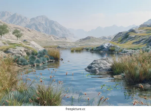 Oasis in the Desert with Mountain Backdrop