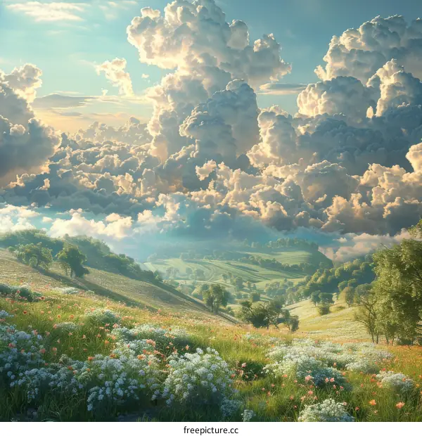 Majestic Cloudscape Over a Lush Meadow Landscape