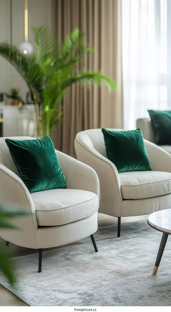 Modern Living Room Interior Design with Green Velvet Armchairs