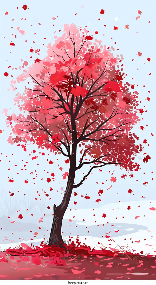 Red Autumn Tree Leaves Falling  Nature Art Illustration