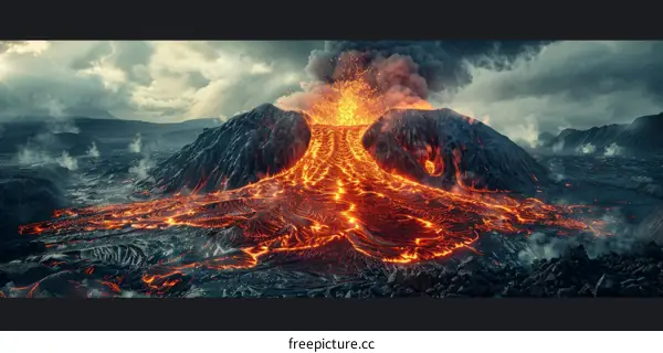 Molten Lava Descending Mountainside from Volcano Eruption