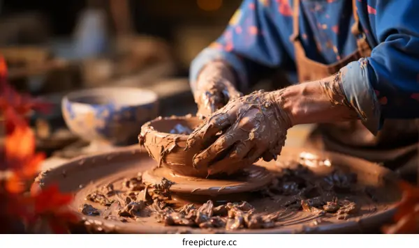 A potter shapes a bowl on a pottery wheel
