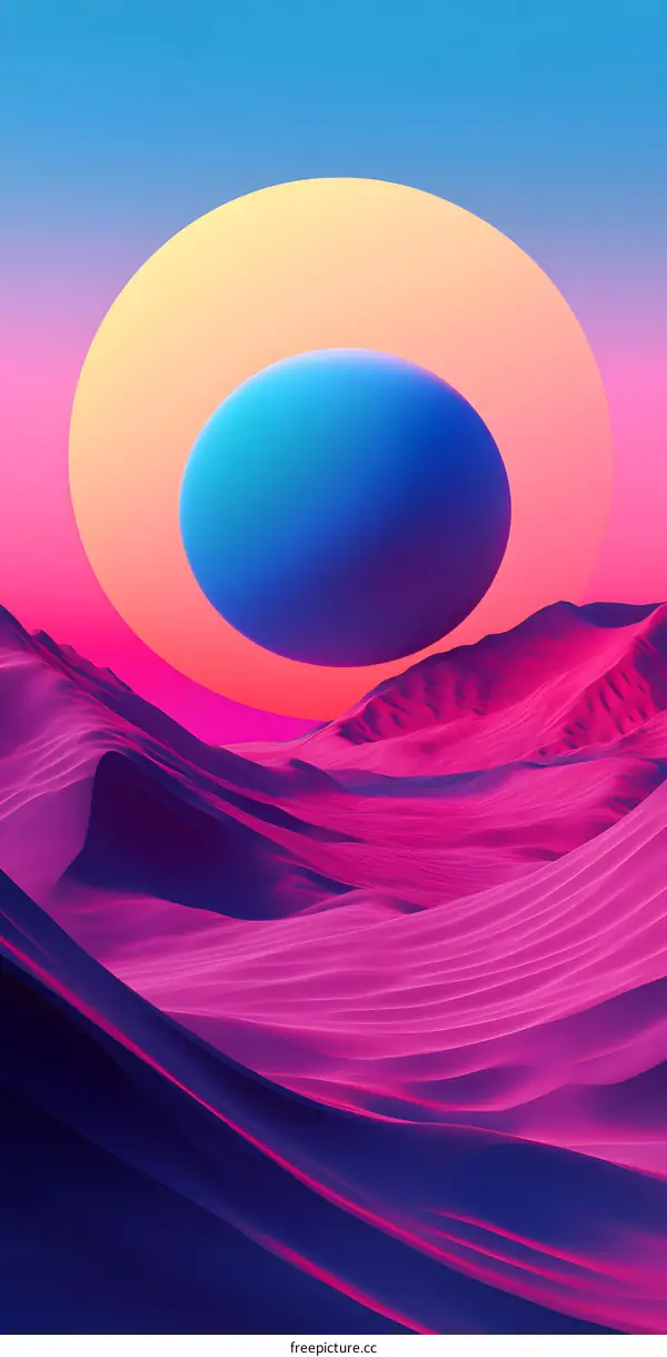 Abstract 3D Illustration of Pink Desert with Blue and Yellow Spheres
