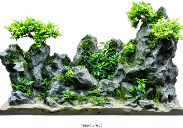 [Transparent Background PNG]Green Plants and Rocks Landscape Decor