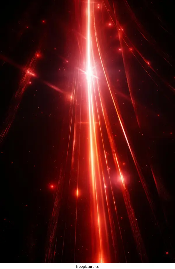 Red laser beams and glowing particles on a black background