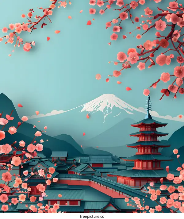 Japanese traditional architecture with cherry blossoms