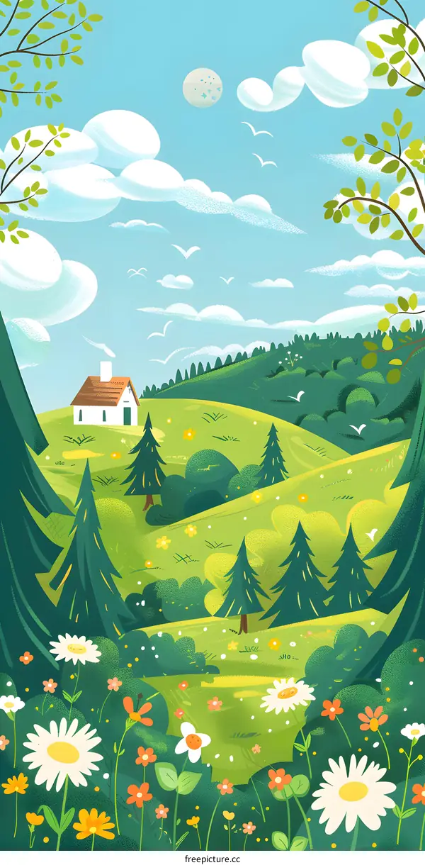 Beautiful Green Meadow Landscape with Flowers and a Small House
