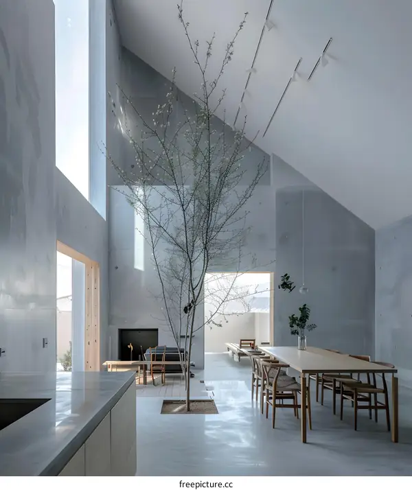 Modern Minimalist Interior Design with Tree in the Center