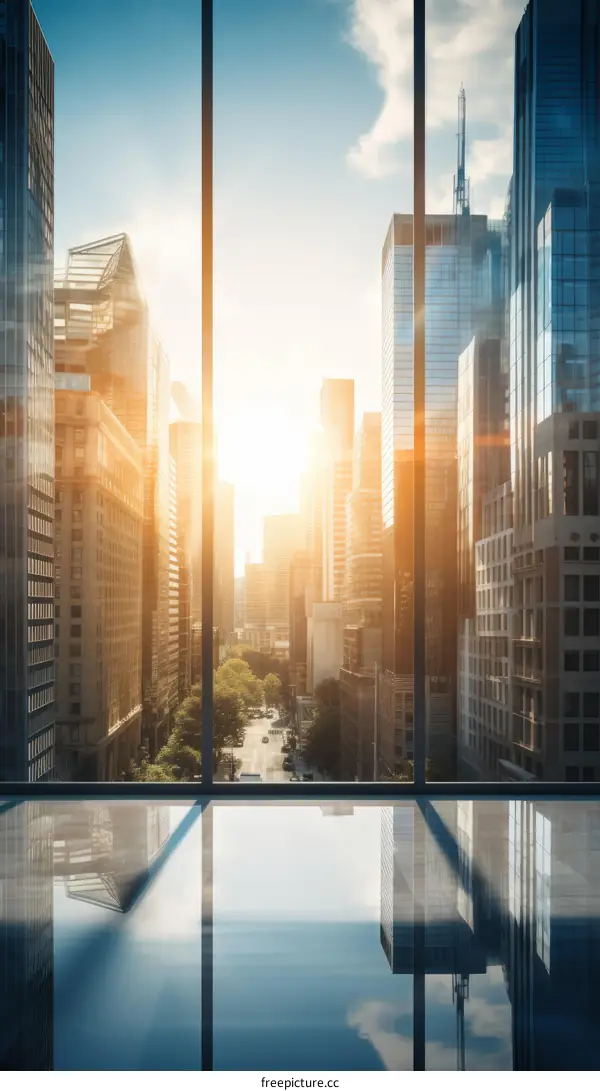 Office skyscraper window view of cityscape with sunlight