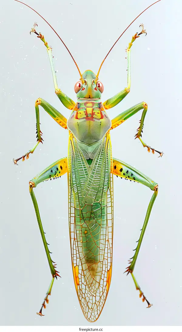 A Green and Yellow Katydid with Its Wings Spread