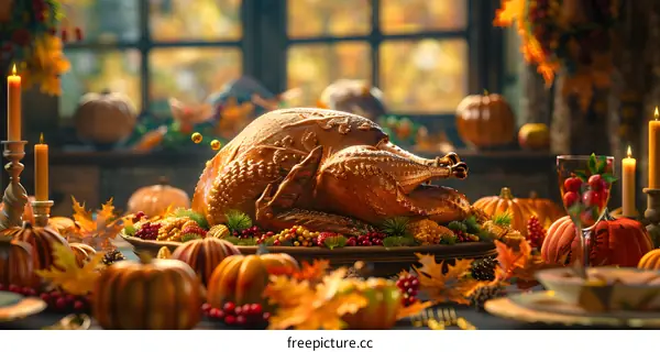 Thanksgiving dinner table with roasted turkey, pumpkins, candles and autumn leaves