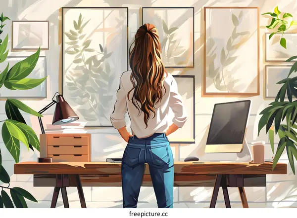 A woman standing in front of a desk looking at botanical prints on a wall