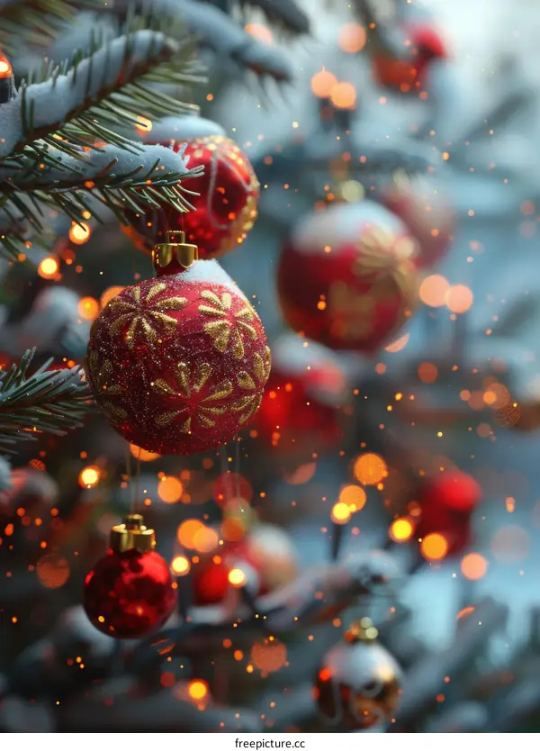 Red and Gold Christmas Ornaments on a Snowy Tree