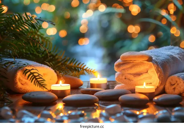 Relaxing Spa Background with Green Leaves, Candles, and Towels