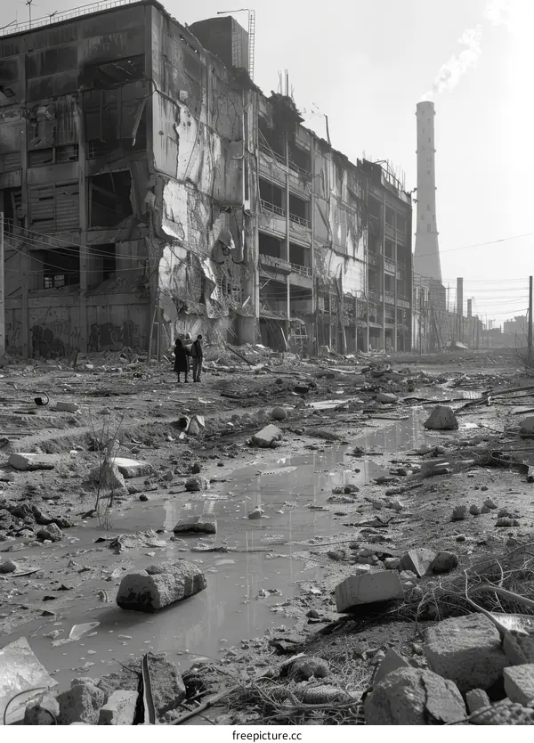 Ruins of an industrial building with two people standing in front of it
