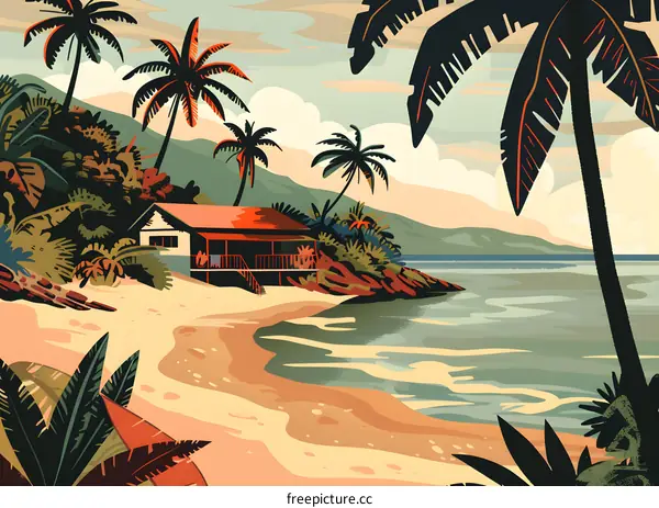 Tropical Beach House Illustration With Palm Trees and Ocean