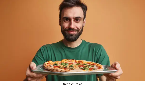 Smiling young man holding a pizza