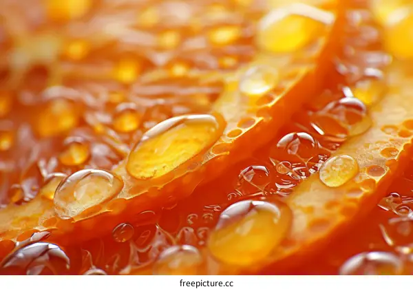 Close-up image of orange fruit flesh with water drops