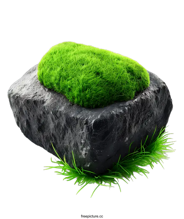 [Transparent Background PNG]Green Moss on Black Stone