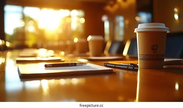 Conference Room Meeting Table with Coffee and Documents