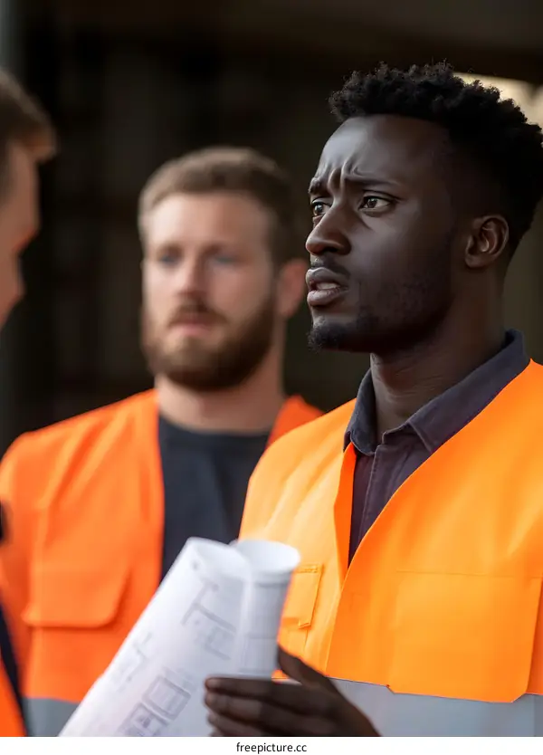 Two Construction Workers Discussing Blueprints
