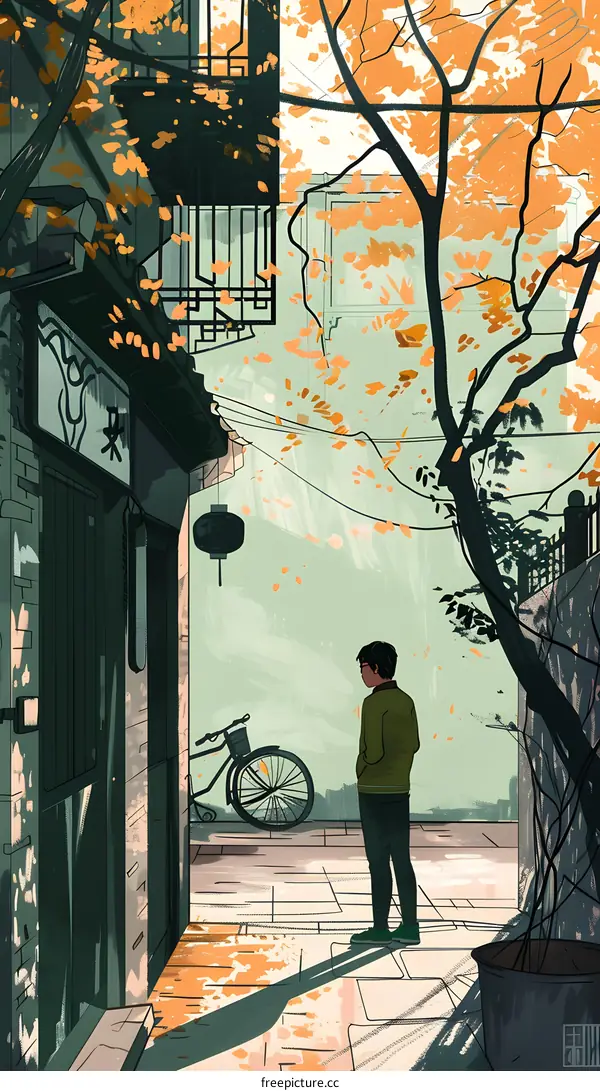 Autumn Day in China Alley with Man and Bicycle