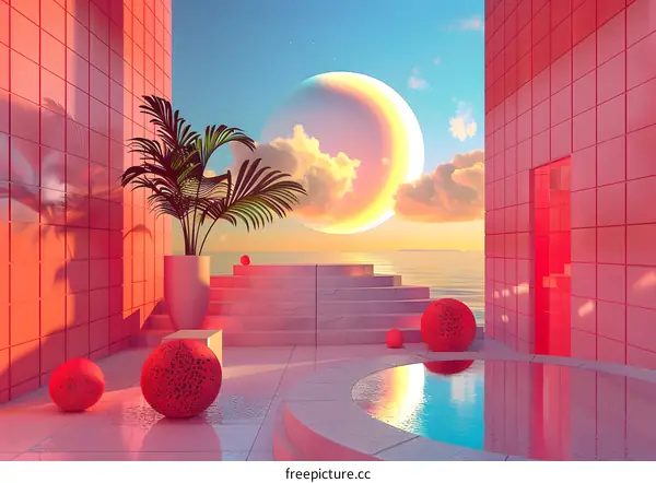 Pink Sunset Scene With Minimalist Pool and Palm Tree