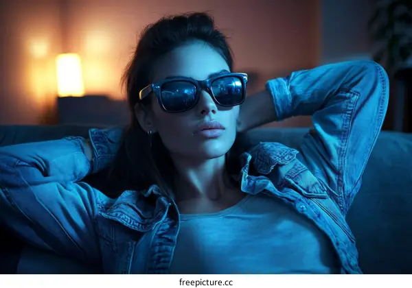 Woman Relaxing on Sofa with Stylish Sunglasses
