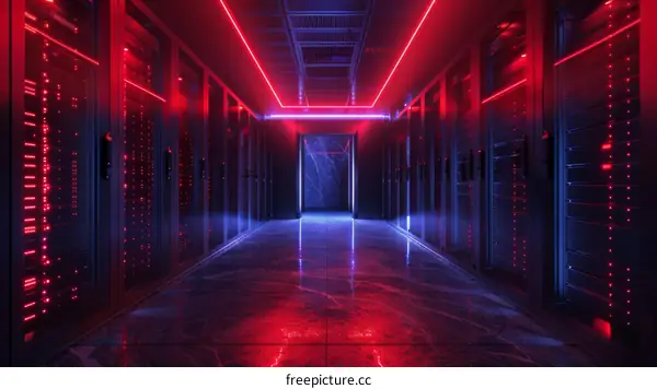 Futuristic server room with red and blue neon lights