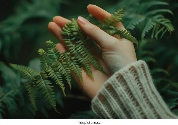A hand holding a frond of a fern