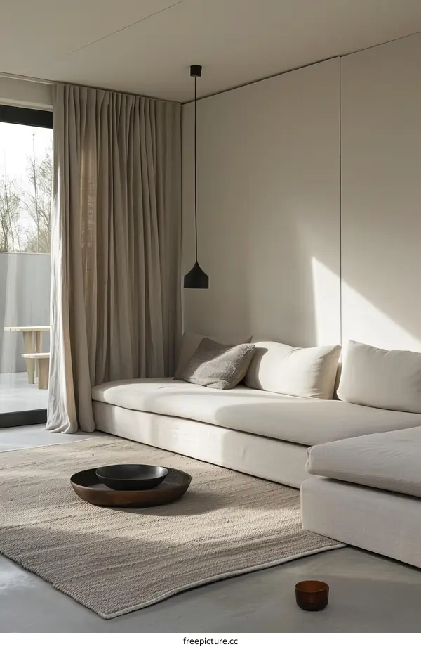 Bright living room with large windows and white walls