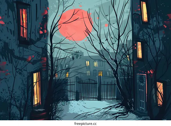 Night Time Illustration of a Cityscape with a Large Red Moon